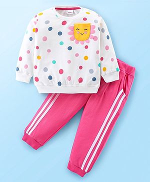 Babyhug Cotton Knit Full Sleeves Top & Lounge Pants Set With Polka Dots Print - White & Pink