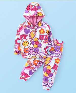 Babyhug Cotton Knit Full Sleeves Hoodie & Lounge Pants Co-Ord Set With Floral & Text Print - Multicolor