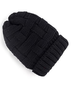 Pine Kids Woollen Cap with Cable Knit Design - Black