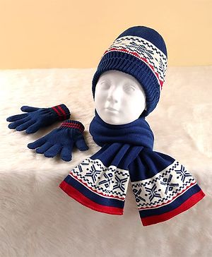 Pine Kids Woollen Cap Muffler & Mittens Sets with Aztec Design - Navy Blue & White