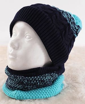 Pine Kids Knit Woollen Cap & Muffler Blue & Black - Diameter 13.5 cm
