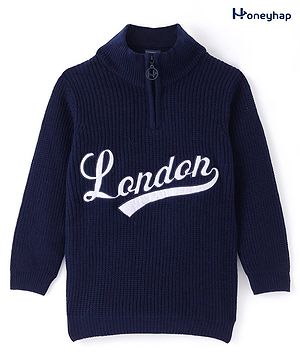 Honeyhap Premium Knit Solid Full Sleeves Sweater with Text Design - Navy Blue