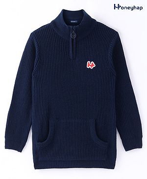 Honeyhap Premium Knit Solid Full Sleeves Sweater with Logo Design - Navy Blue