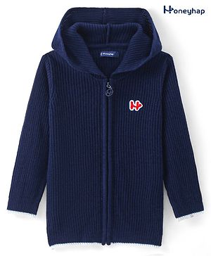 Honeyhap Premium Knit Solid Full Sleeves Front Open Hooded Sweater - Navy Blue