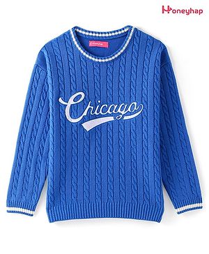 Honeyhap Premium Knitted Full Sleeves Pullover Sweater with Cable Knit Design & Text Embroidery - Blue