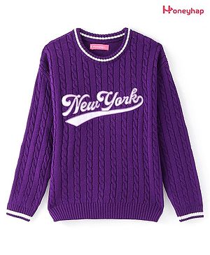 Honeyhap Premium Knitted Full Sleeves Pullover Sweater with Cable Knit Design & Text Embroidery - Purple