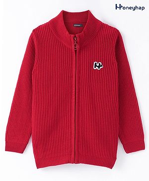 Honeyhap Premium Knit Solid Full Sleeves Front Open Sweater with Logo Design - Red