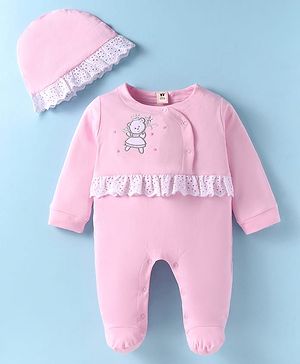 ToffyHouse Interlock Knit Full Sleeves Footed Romper With Animal Embroidery & Cap - Pink