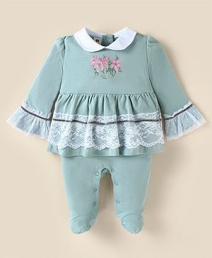 ToffyHouse 100% Cotton Knit Full Sleeves Footed Peter Pan Collared Romper with Floral Print & Lace Detailing - Mint Green