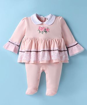 ToffyHouse Interlock Knit Full Sleeves Romper With Floral Print & Lace Detailing - Peach