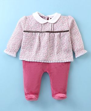 ToffyHouse 100% Cotton Knit Full Sleeves Floral Printed Footed Romper with Peter Pan Collar - Pink