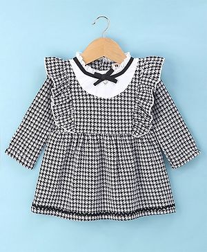 ToffyHouse Woven Cotton Jacquard Yarn Dyed Full Sleeves Frock With Checks & Frill Detailing - Black & White