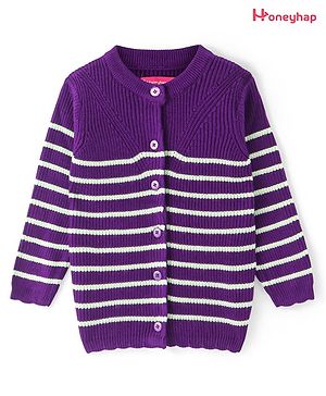 Honeyhap Premium Knitted Full Sleeves Striped Front Open Sweater - Purple