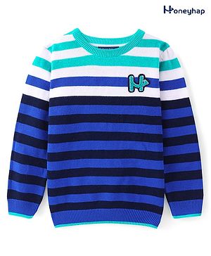 Honeyhap Premium Knit Full Sleeves Striped Pullover Sweater with Logo - Blue & Green