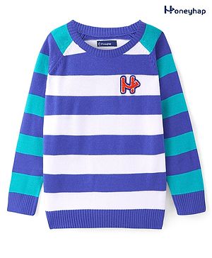 Honeyhap Premium Knit Full Sleeves Striped Pullover Sweater with Logo - Blue White & Green