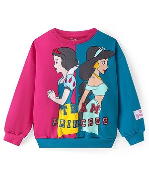 Pine Kids Disney Terry Knit Full Sleeves Sweatshirt With Cut & Sew Design & Disney Princesses Graphics - Purple & Navy Blue