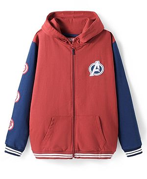 Pine Kids Marvel Terry Knit Full Sleeves Hooded Front Open Sweatjacket with Front & Back Avenger Graphics & Badge Detailing - Dark Red & Blue