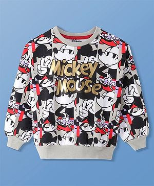 Pine Kids Disney Terry Knit full Sleeves Pullover Sweatshirt With Mickey Mouse Graphics - Grey