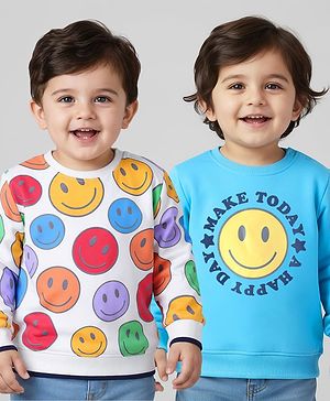 Babyhug Cotton Knit Full Sleeves Sweatshirts With Smiley Graphics Pack of 2 - Blue & White