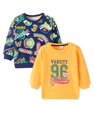 Babyhug Cotton Knit Full Sleeves Sweatshirts With Sports Theme Print Pack of 2 - Blue & Yellow