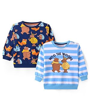Babyhug Knit Full Sleeves Sweatshirts With Stripes & Bear Graphics Pack of 2 - Blue