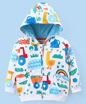 Babyhug Cotton Knit Full Sleeves Hooded Sweatjacket with Animals & Vehicles Print - White