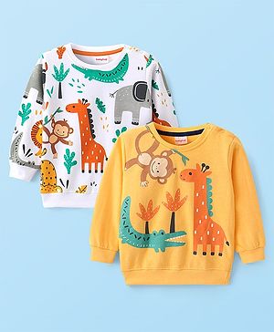 Babyhug Knit Full Sleeves Sweatshirts With Animal Print Pack of 2 - White & Yellow