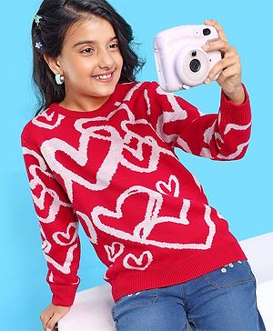 Pine Kids Full Sleeves Pull Over Sweater with Heart Print - Red