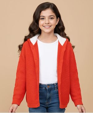 Pine Kids Knit Full Sleeves Hooded Front Open Solid Sweater - Red