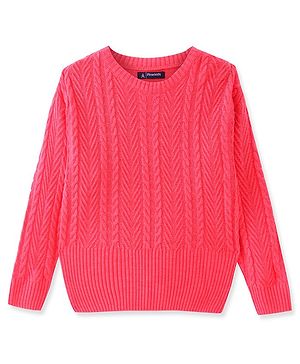 Pine Kids Knitted Full Sleeves Pullover With Cable Knit Design - Neon Pink