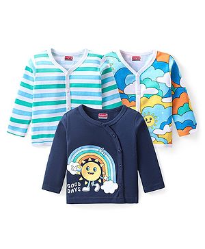 Babyhug 100% Cotton Interlock Knit Full Sleeves Front Open Jhablas with Rainbow & Striped Print Pack of 3 - Multicolor