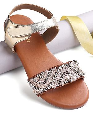 Pine Kids Velcro Closure Sandals With Lace & Beads Design - Golden
