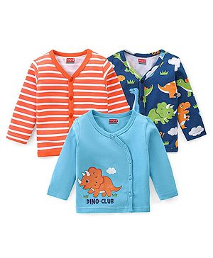 Babyhug 100% Cotton Interlock Knit Full Sleeves Front Open Jhablas with Dino & Striped Print Pack of 3 - Multicolor