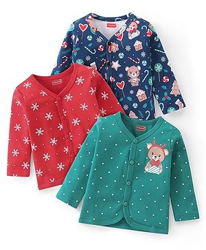 Babyhug 100% Interlock Cotton Knit Full Sleeves Front Open Vests with Polka Dots & Christmas Theme Print Pack of 3 - Navy Blue Red & Green