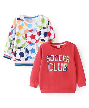 Babyhug Cotton Knit Full Sleeves Sweatshirts With Soccer Print Pack of 2 - Red & White