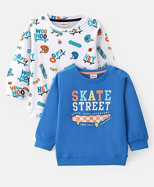 Babyhug Cotton Knit Full Sleeves Sweatshirt with Text Design Pack of 2 - White & Blue