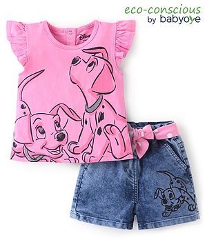 Babyoye Disney Cotton Knit Frill Sleeves Top & Denim Shorts Set With 101 Dalmatians Print & Fabric Belt - Pink & Blue