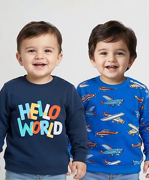 Babyhug Cotton Knit Full Sleeves Sweatshirts with Aeroplane & Text Print Pack of  2 - Navy & Blue
