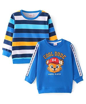 Babyhug Knit Full Sleeves Sweatshirts With Stripes & Kitty Graphics Pack of 2 - Blue