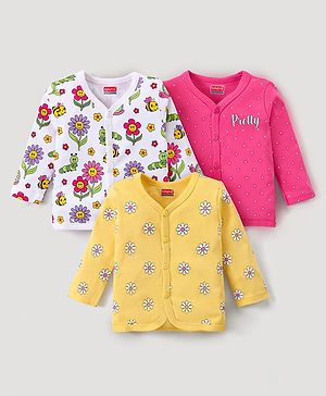Babyhug Interlock Knit Full Sleeves Front Open Vests With Floral Print Pack of 3 - Pink White & Yellow