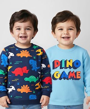 Babyhug Cotton Knit Full Sleeves Sweatshirts with Dino Graphics Pack of 2 - Blue