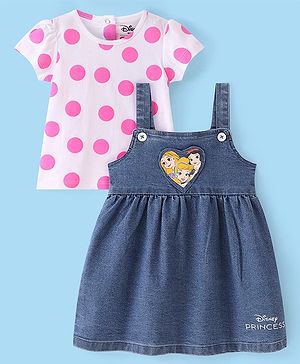 Babyhug Disney Single Jersey Knit Half Sleeves Polka Dot Print T-Shirt Frock Disney Princess Graphic - White & Blue