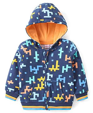 Babyhug Cotton Knit Full Sleeves Hooded Printed Sweatjacket with Kangaroo Pockets - Navy Blue