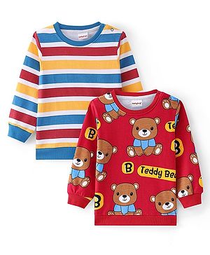 Babyhug Cotton Knit Full Sleeves Sweatshirts with Stripes & Bear Print Pack of 2 - Red