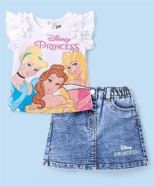 Babyhug Single Jersey Knit Frill Sleeves Top & Denim Skirt Set With Disney Princess Graphics - White & Blue