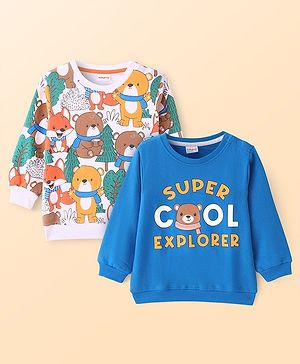 Babyhug Cotton Knit Sweatshirts With Text & Bear Print Pack of 2 - White & Blue