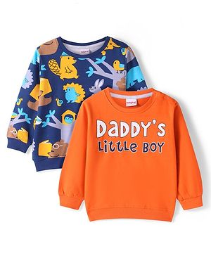 Babyhug Cotton Knit Full Sleeves Sweatshirts With Text & Animals Print Pack of 2 - Blue & Orange