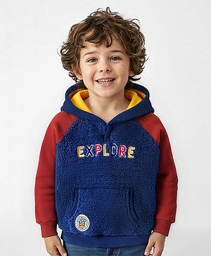 Babyhug Cotton Knit  Full Raglan Sleeves Hooded Sweatshirt with Explore Embroidery - Navy Blue