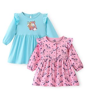 Doodle Poodle Single Jersey Knit Full Sleeves Frill Detailed Frocks With Unicorn Print Pack Of 2 - Light Pink & Sky Blue