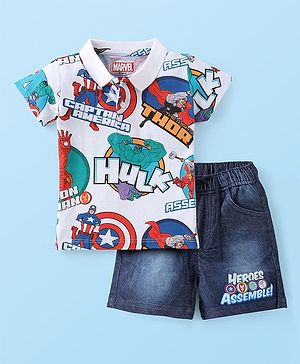 Babyhug Marvel Single Jersey Knit Half Sleeves Polo T-Shirt & Denim Shorts Set With Avengers Print - White & Blue